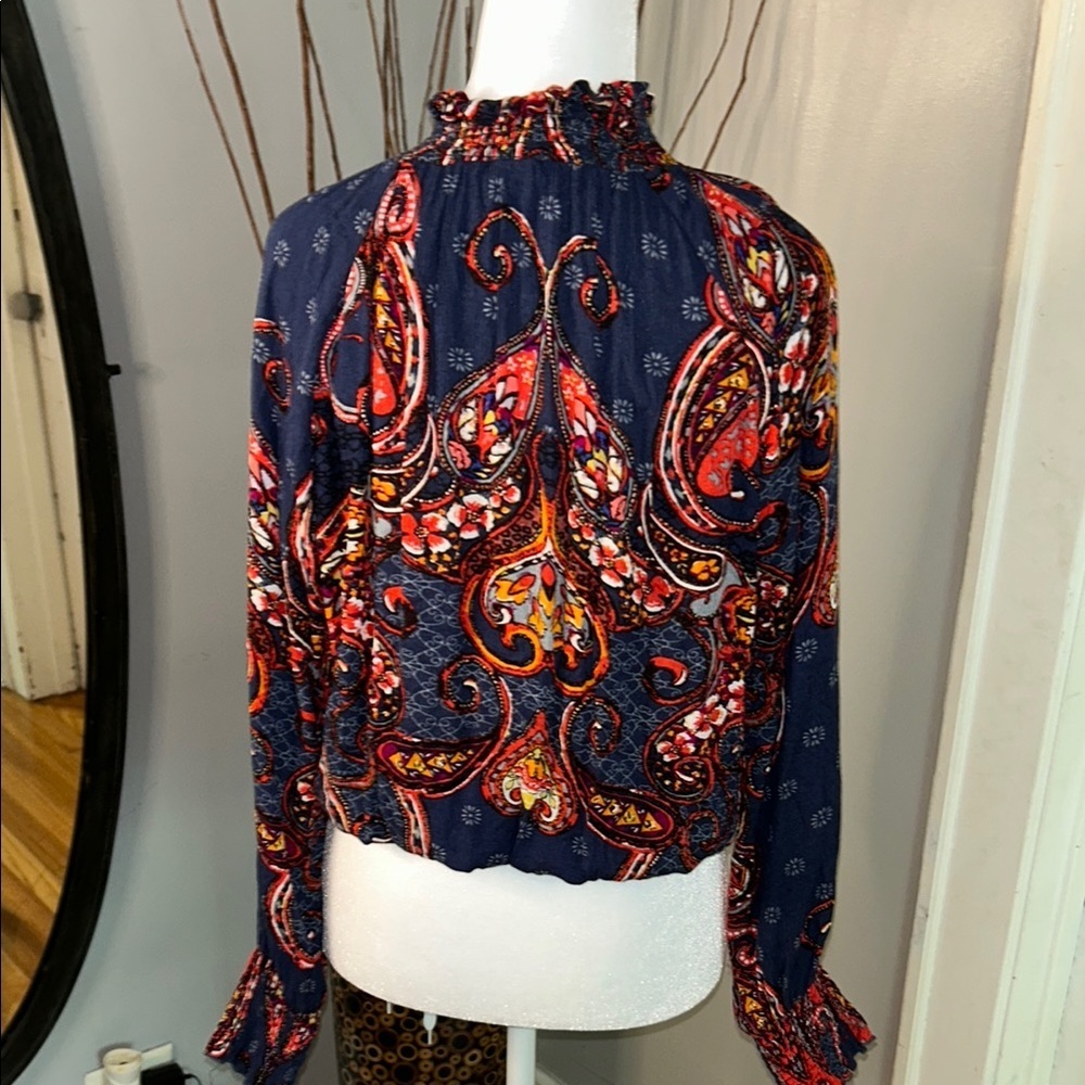 3x20LASCANA Vibrant Blue and Orange Long Sleeve Tie Front Blouse - Picture 6 of 9